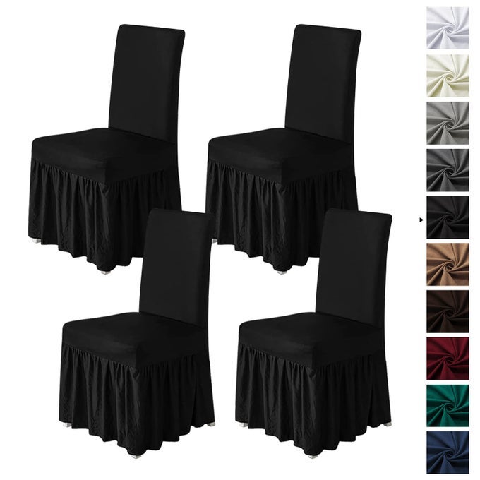 Chair Covers for Dining Room Set of 4 Stretch Chair Slipcovers with Skirt for Kitchen Seat Protectors Wedding Banquet Decor Kids Pets Spandex Fabric Washable 4pcs Black