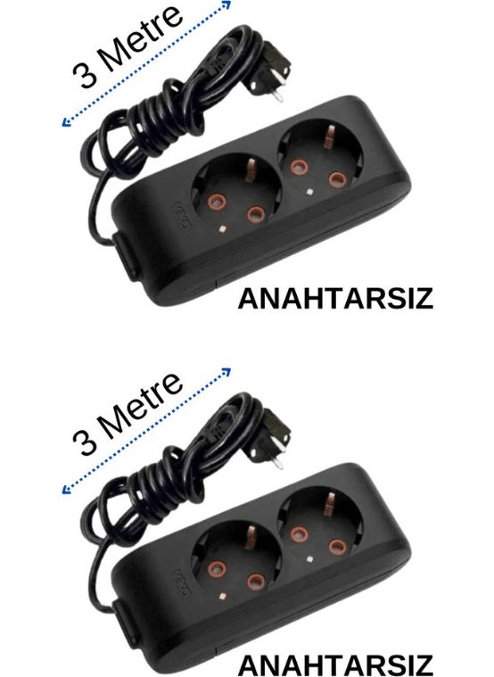 Viko - (2/Plus) Double Socket with Grounded Cable Black 3 (Three) Meters (2 Pieces) - Image 1