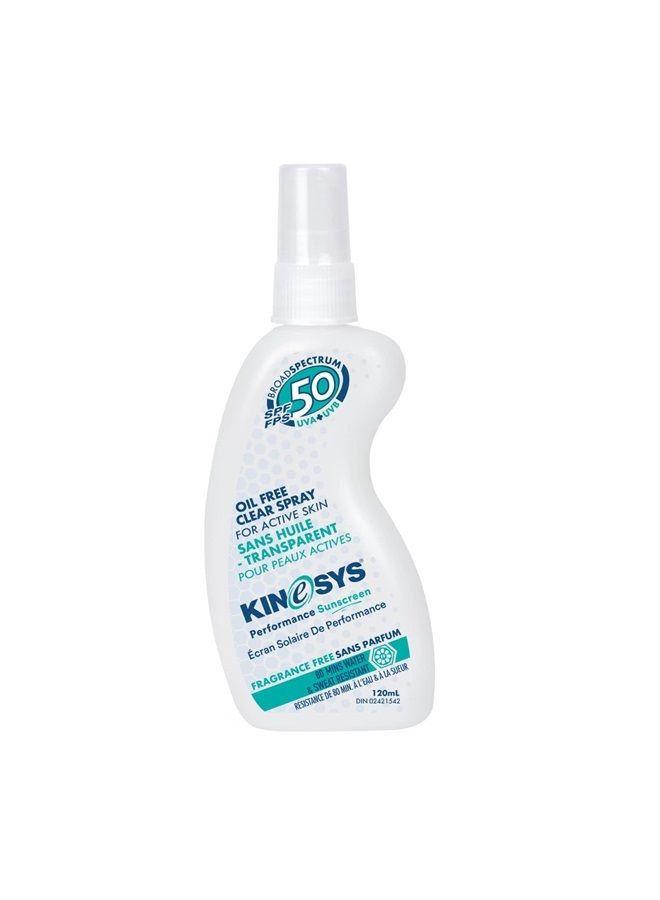 KINeSYS Performance Sunscreen سبراي واقي من الشمس خالي من العطر KINeSYS، SPF 50، حماية للوجه والجسم، مقاوم للماء والعرق لمدة 80 دقيقة، 700+ رشة، 120 مل - Image 1