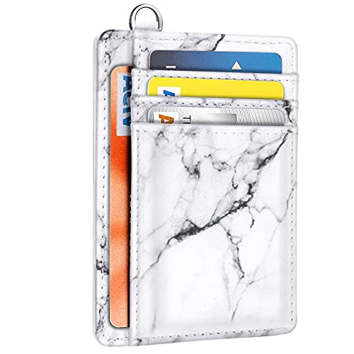 Coco Rossi Slim Front Pocket Wallet RFID Blocking Minimalist Credit Card Holder Wallet with D-Shackle for Women,White Marble - Image 1