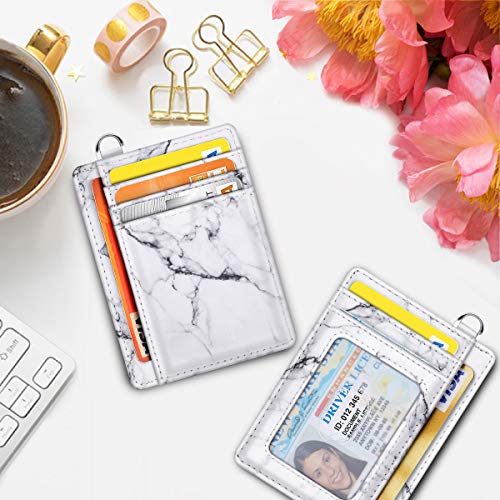 Coco Rossi Slim Front Pocket Wallet RFID Blocking Minimalist Credit Card Holder Wallet with D-Shackle for Women,White Marble - Image 3