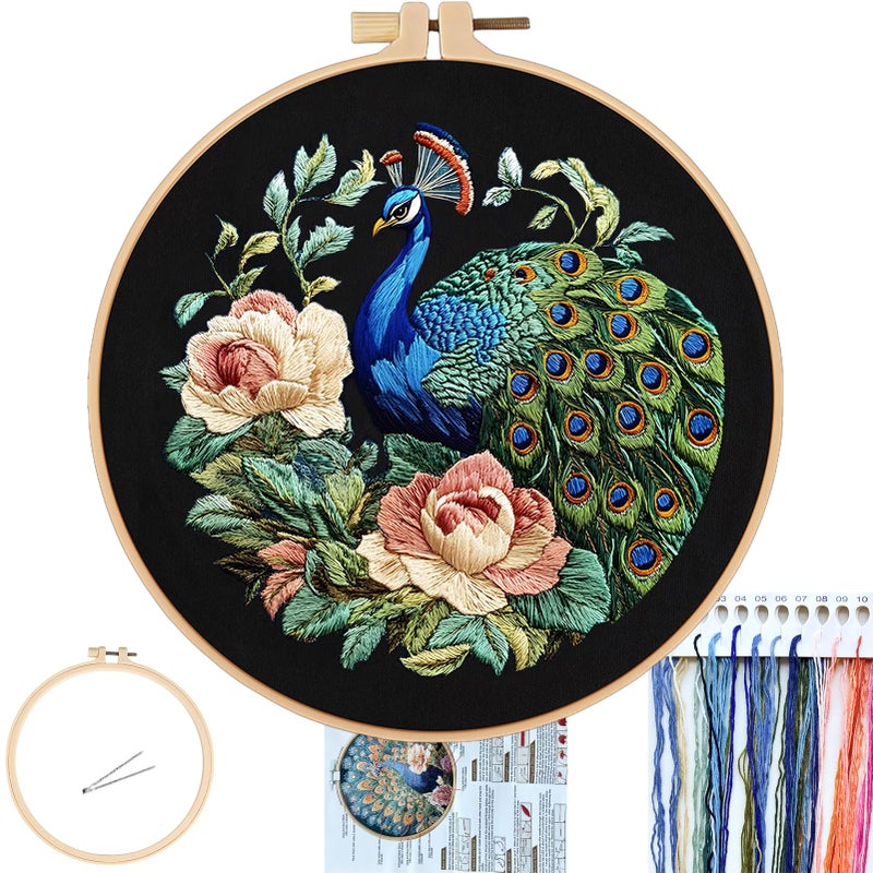FONNUY Peacock Floral Embroidery Kit Cross Stitch Kits Handmade Crafts with Printed Patterns for Beginner Adults Easy to Follow Color Thread Needlework 8 Hoop Graceful Dancer - Image 3