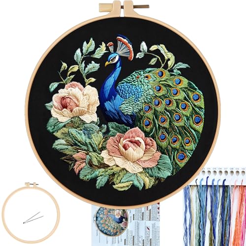 FONNUY Peacock Floral Embroidery Kit Cross Stitch Kits Handmade Crafts with Printed Patterns for Beginner Adults Easy to Follow Color Thread Needlework 8 Hoop Graceful Dancer - Image 1