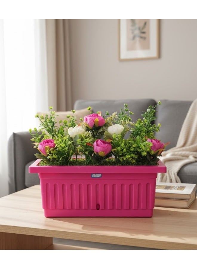 Artificial flower pot with a bouquet of roses and green leaves, a plastic pot for home decor, available in multiple colors.