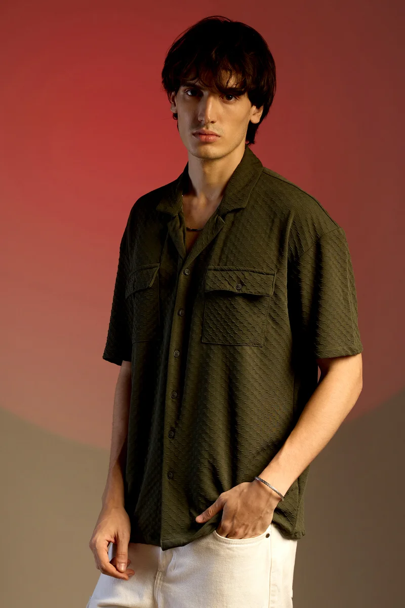 كامبوس سوترا Men's Army Green Cubic Utility Oversized Shirt