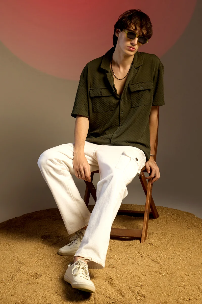 كامبوس سوترا Men's Army Green Cubic Utility Oversized Shirt
