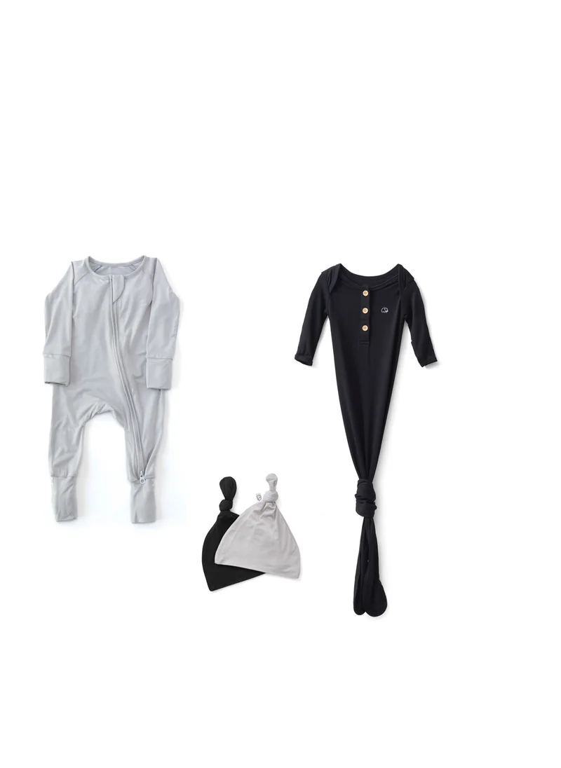 Anvi Baby Zipper Romper & Knotted Gown- Black/Grey