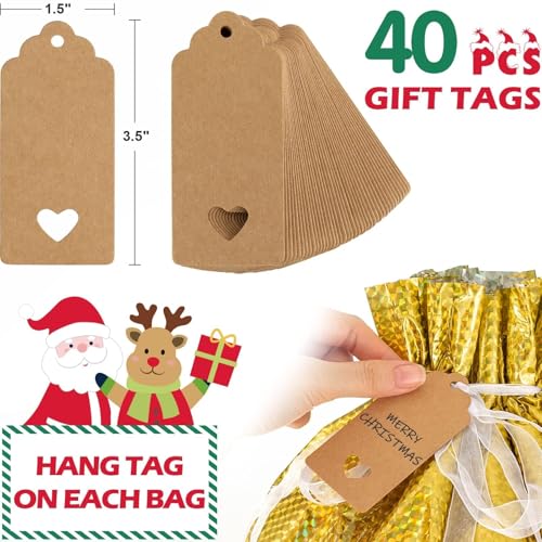Asoulin Christmas Drawstring Gift Bags with Tags - 32 PCS Stand Up Gift Bags Assorted Sizes Large Medium Small Foil Gift Wrapping Bags for Birthday, Goodies, Xmas Holiday Party Decoration Supplies - Image 3