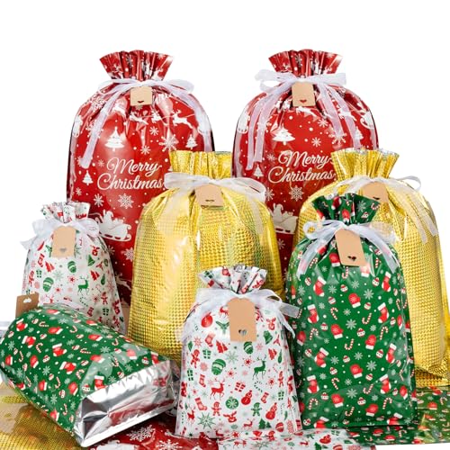 Asoulin Christmas Drawstring Gift Bags with Tags - 32 PCS Stand Up Gift Bags Assorted Sizes Large Medium Small Foil Gift Wrapping Bags for Birthday, Goodies, Xmas Holiday Party Decoration Supplies - Image 1