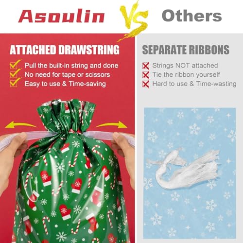 Asoulin Christmas Drawstring Gift Bags with Tags - 32 PCS Stand Up Gift Bags Assorted Sizes Large Medium Small Foil Gift Wrapping Bags for Birthday, Goodies, Xmas Holiday Party Decoration Supplies - Image 5