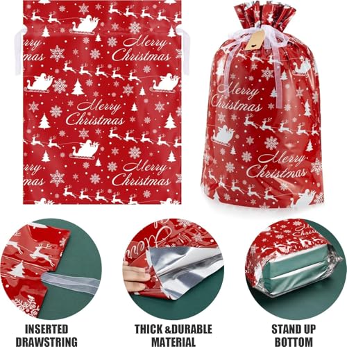 Asoulin Christmas Drawstring Gift Bags with Tags - 32 PCS Stand Up Gift Bags Assorted Sizes Large Medium Small Foil Gift Wrapping Bags for Birthday, Goodies, Xmas Holiday Party Decoration Supplies - Image 4