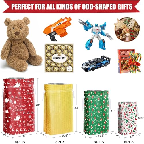Asoulin Christmas Drawstring Gift Bags with Tags - 32 PCS Stand Up Gift Bags Assorted Sizes Large Medium Small Foil Gift Wrapping Bags for Birthday, Goodies, Xmas Holiday Party Decoration Supplies - Image 2