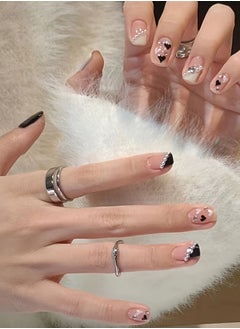 24Pcs Fake Nails, Press Nails In Box,Short-length Flat head shaped Solid Black Color Shiny Nail Art,Love Heart Zircon Pearl,Fake Nail Patch