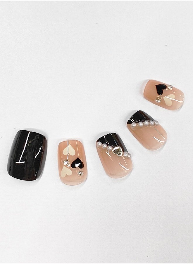 NIBEMINENT - 24Pcs Fake Nails, Press Nails In Box,Short-length Flat head shaped Solid Black Color Shiny Nail Art,Love Heart Zircon Pearl,Fake Nail Patch - Image 1