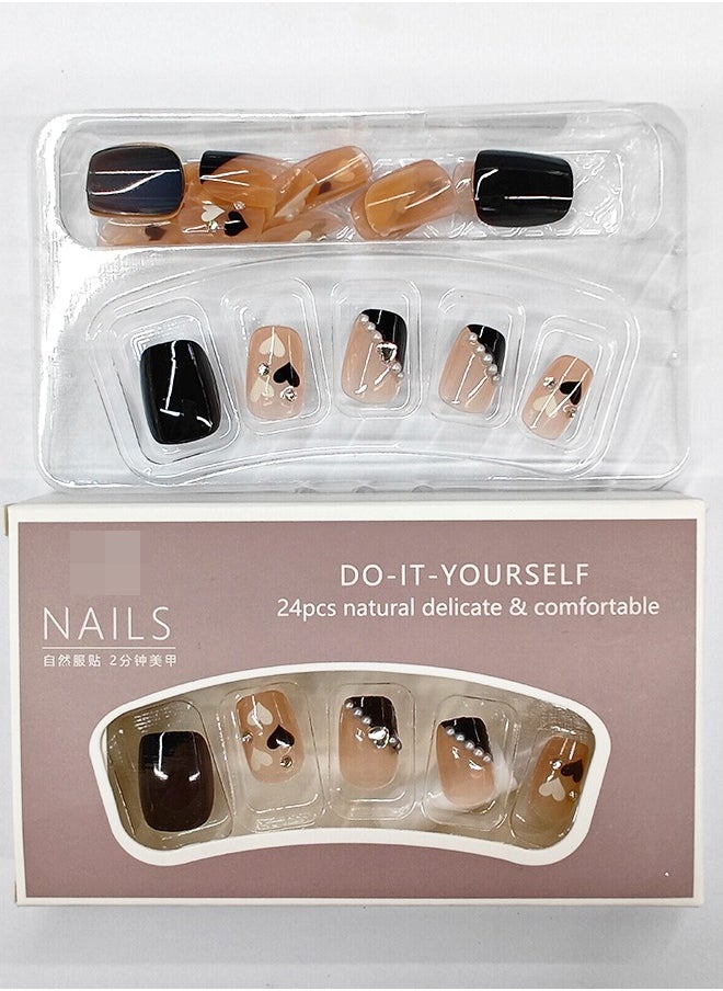 NIBEMINENT - 24Pcs Fake Nails, Press Nails In Box,Short-length Flat head shaped Solid Black Color Shiny Nail Art,Love Heart Zircon Pearl,Fake Nail Patch - Image 1