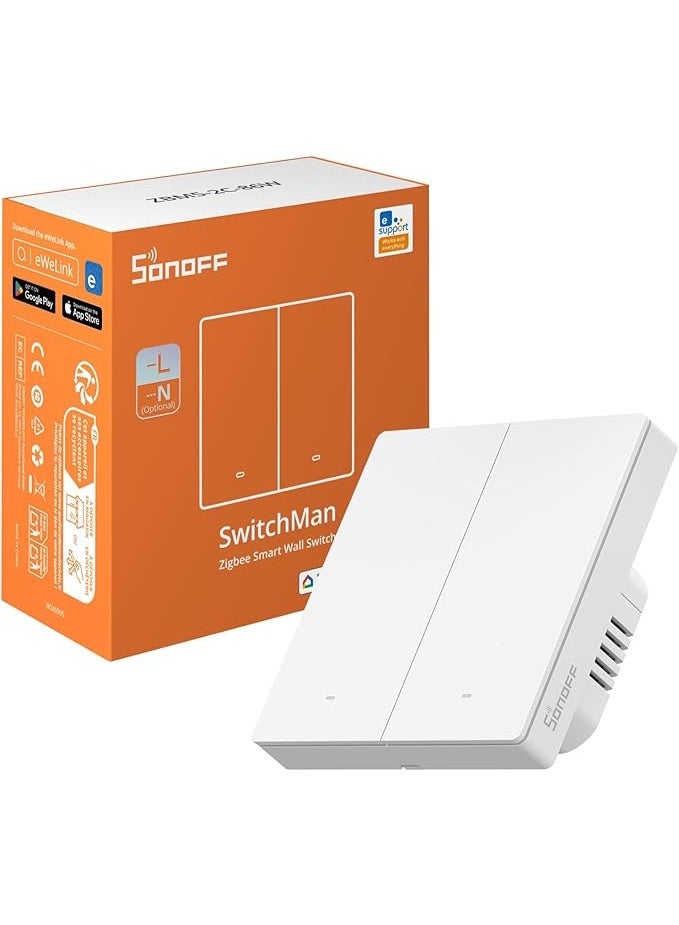 سونوف سويتش حائط ذكي SONOFF SwitchMan Zigbee – مفتاح مزدوج (Two Gang) – Zigbee 3.0 – خيار الحيادي أو بدون حيادي – تحكم ثنائي الاتجاه – أتمتة المنزل الذكي – متوافق مع Home Assistant – MQTT – ZHA – Z2M – ZBM5-2C-86W – أبيض - Image 1