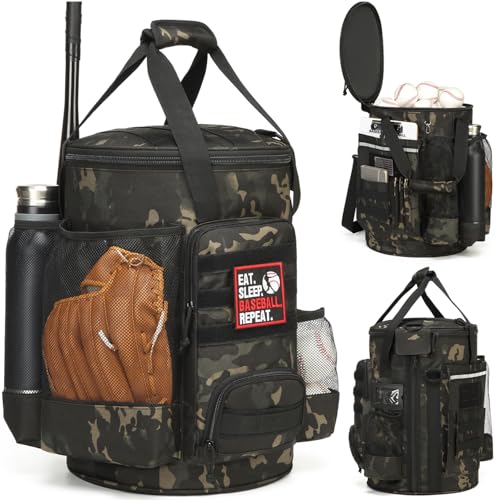 SunForMorning Baseball Bucket Bag Baseball Coaching Accessories Organizer Softball Bucket Bag with Anti-Slip Bottom & Multiple Pockets for Bat, Gloves, Scoreboards, Black Camo - Image 1