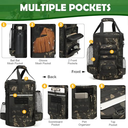 SunForMorning Baseball Bucket Bag Baseball Coaching Accessories Organizer Softball Bucket Bag with Anti-Slip Bottom & Multiple Pockets for Bat, Gloves, Scoreboards, Black Camo - Image 3