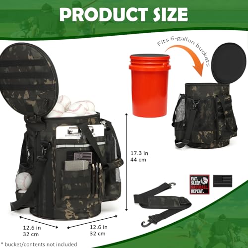 SunForMorning Baseball Bucket Bag Baseball Coaching Accessories Organizer Softball Bucket Bag with Anti-Slip Bottom & Multiple Pockets for Bat, Gloves, Scoreboards, Black Camo - Image 2