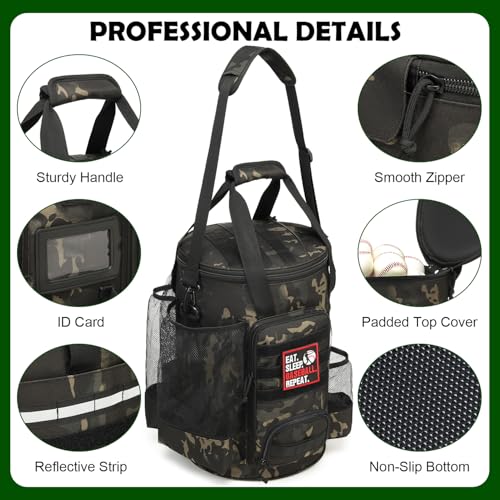 SunForMorning Baseball Bucket Bag Baseball Coaching Accessories Organizer Softball Bucket Bag with Anti-Slip Bottom & Multiple Pockets for Bat, Gloves, Scoreboards, Black Camo - Image 4