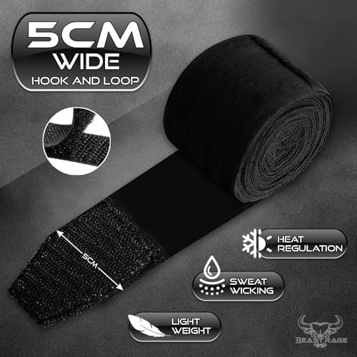 BEAST RAGE Boxing Hand Wraps 4.5 Meter Martial Arts Bandages Inner Gloves Wrist Support Straps Punching Under Hand Knuckles Heavy Elasticated Training Bag Mitts Muay Thai (4.5 M, Black) - Image 2