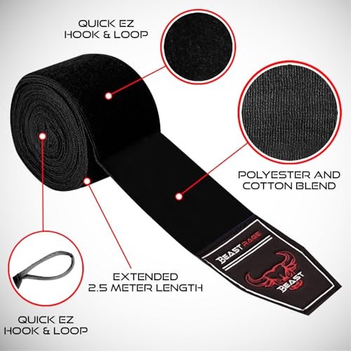 BEAST RAGE Boxing Hand Wraps 4.5 Meter Martial Arts Bandages Inner Gloves Wrist Support Straps Punching Under Hand Knuckles Heavy Elasticated Training Bag Mitts Muay Thai (4.5 M, Black) - Image 4