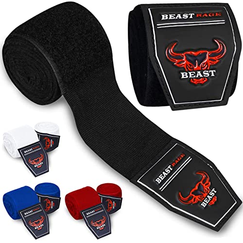 BEAST RAGE Boxing Hand Wraps 4.5 Meter Martial Arts Bandages Inner Gloves Wrist Support Straps Punching Under Hand Knuckles Heavy Elasticated Training Bag Mitts Muay Thai (4.5 M, Black) - Image 1