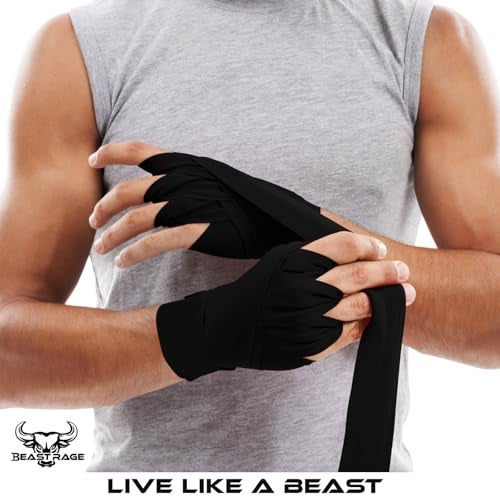 BEAST RAGE Boxing Hand Wraps 4.5 Meter Martial Arts Bandages Inner Gloves Wrist Support Straps Punching Under Hand Knuckles Heavy Elasticated Training Bag Mitts Muay Thai (4.5 M, Black) - Image 5