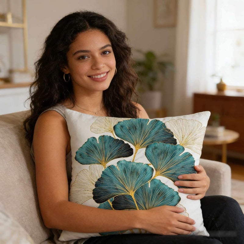 F Finerease Throw Pillow Cover Plant Leaves - 18 x 18 Inch Teal Gold Pillow Cushion Cover - Set of 2 Square Hidden Zipper Cushion Case, Great for Sofa, Bedroom, Yard, Living Room Decor (Teal and Gold, 18"x18") - Image 4