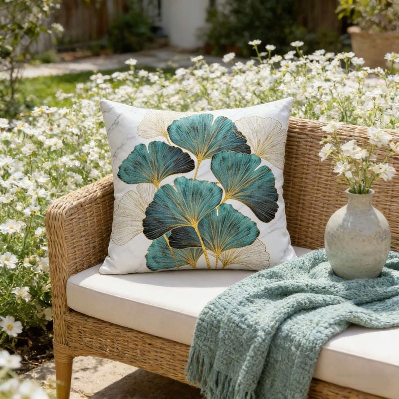 F Finerease Throw Pillow Cover Plant Leaves - 18 x 18 Inch Teal Gold Pillow Cushion Cover - Set of 2 Square Hidden Zipper Cushion Case, Great for Sofa, Bedroom, Yard, Living Room Decor (Teal and Gold, 18"x18") - Image 3
