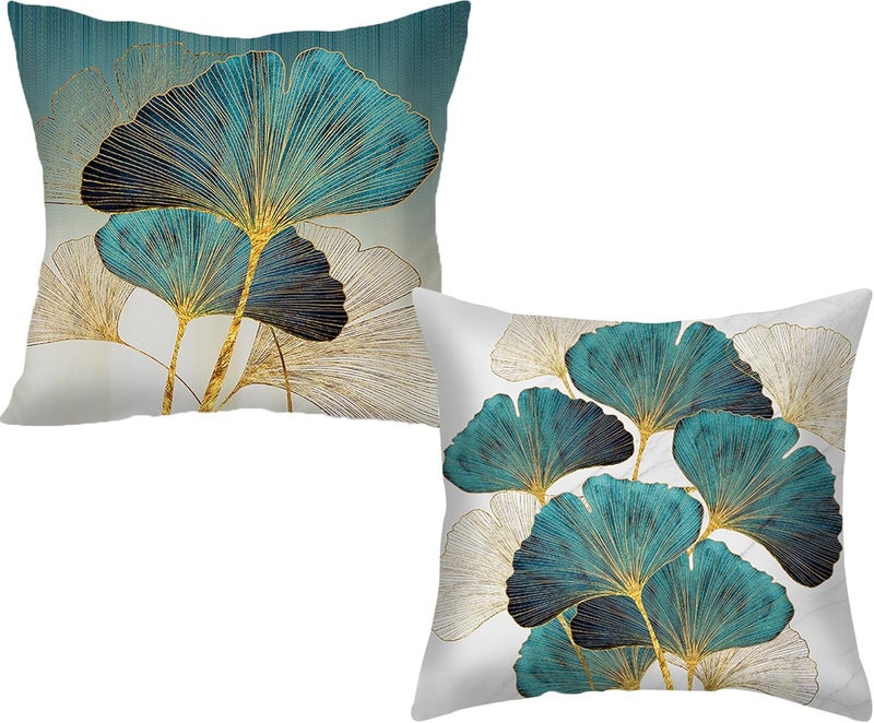 F Finerease Throw Pillow Cover Plant Leaves - 18 x 18 Inch Teal Gold Pillow Cushion Cover - Set of 2 Square Hidden Zipper Cushion Case, Great for Sofa, Bedroom, Yard, Living Room Decor (Teal and Gold, 18"x18") - Image 1