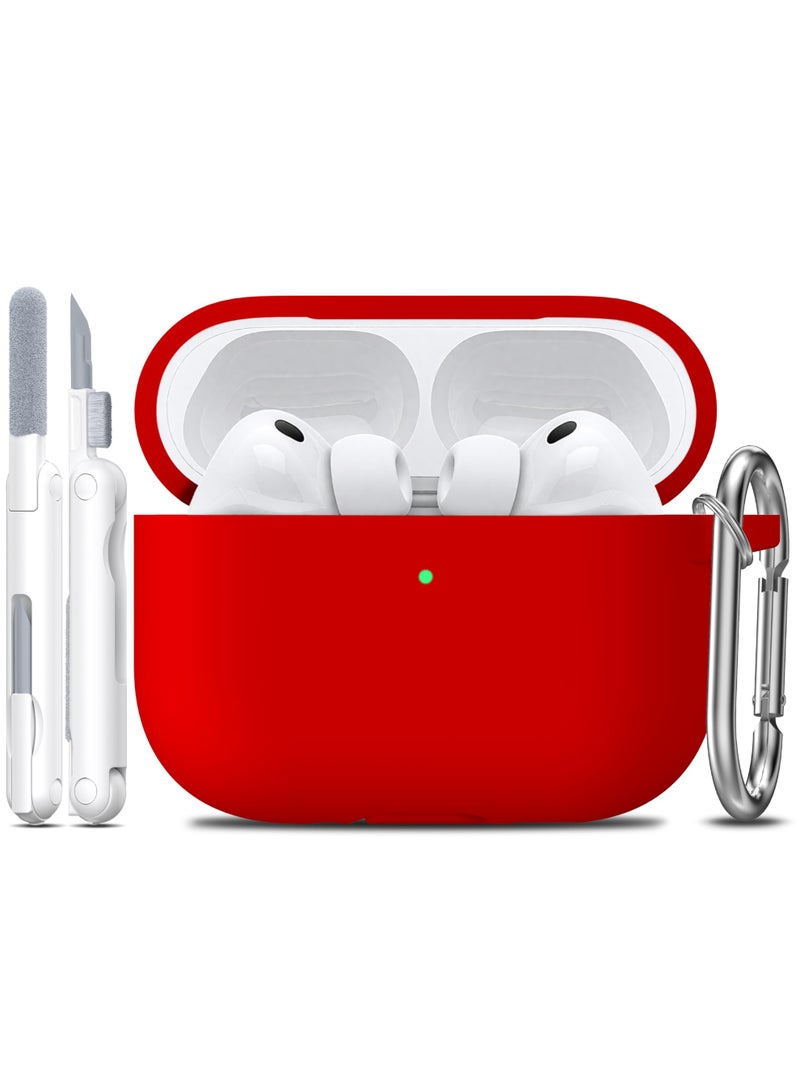 Suitable For Airpods Pro 3 Protective Case With Cleaning Kit, Soft Silicone Protective Case Suitable For Apple Airpods Pro 3 Women And Men, Airpods Pro Protective Case Accessory With Keychain, Red - Image 2