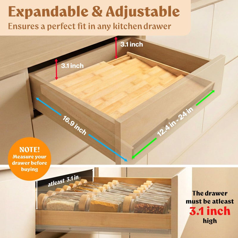 EDELHAUS Bamboo Spice Drawer Organizer - Expandable 4 Tier Spice Rack (Need 3" Deep Drawer) 12" to 24" Wide, Seasoning Organizer, Organization Seasoning Rack insert (Jars Not Included) - Image 2