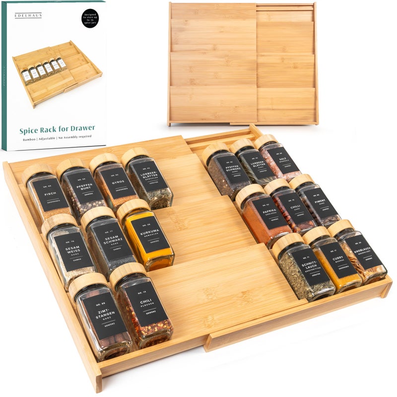 EDELHAUS Bamboo Spice Drawer Organizer - Expandable 4 Tier Spice Rack (Need 3" Deep Drawer) 12" to 24" Wide, Seasoning Organizer, Organization Seasoning Rack insert (Jars Not Included) - Image 1