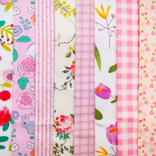 QiMicody Fat Quarters Fabric Bundles, 8Pcs 100% Cotton 19.69” x 19.69” (50cmx50cm) Precut Quilting Fabric Squares Sheets for DIY Patchwork Sewing Quilting Crafting, No Repeat Design (Pink Flower) - Image 5