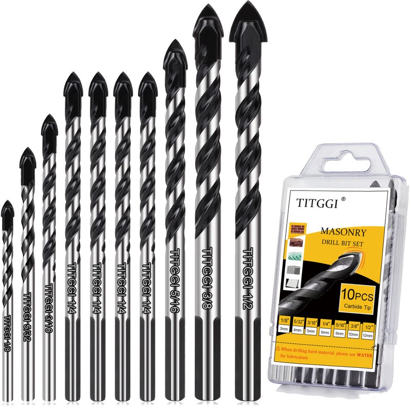 TITGGI Professional Masonry Drill Bit Set (10PCS) for Glass/Brick/Plastic/Cement/Wood/Tile/Etc, Industrial Strength Carbide Drill Bit Tip, 1/8"-1/2" by TITGGI - Image 1