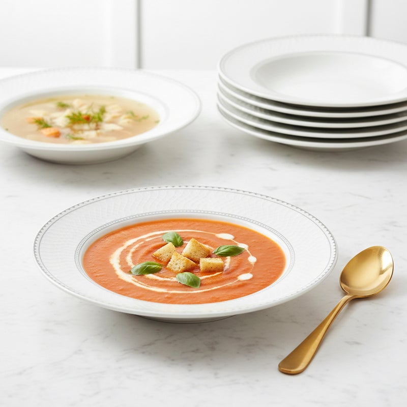 Shallow JUNA New Bone China Soup Plate 22 cm – Elegant White Deep Plate with Subtle Texture for Soups & Pasta, Premium Tableware for Daily Use, Brunch, Ramadan, Eid, Diwali & Gifting (Set of 4) - Image 2