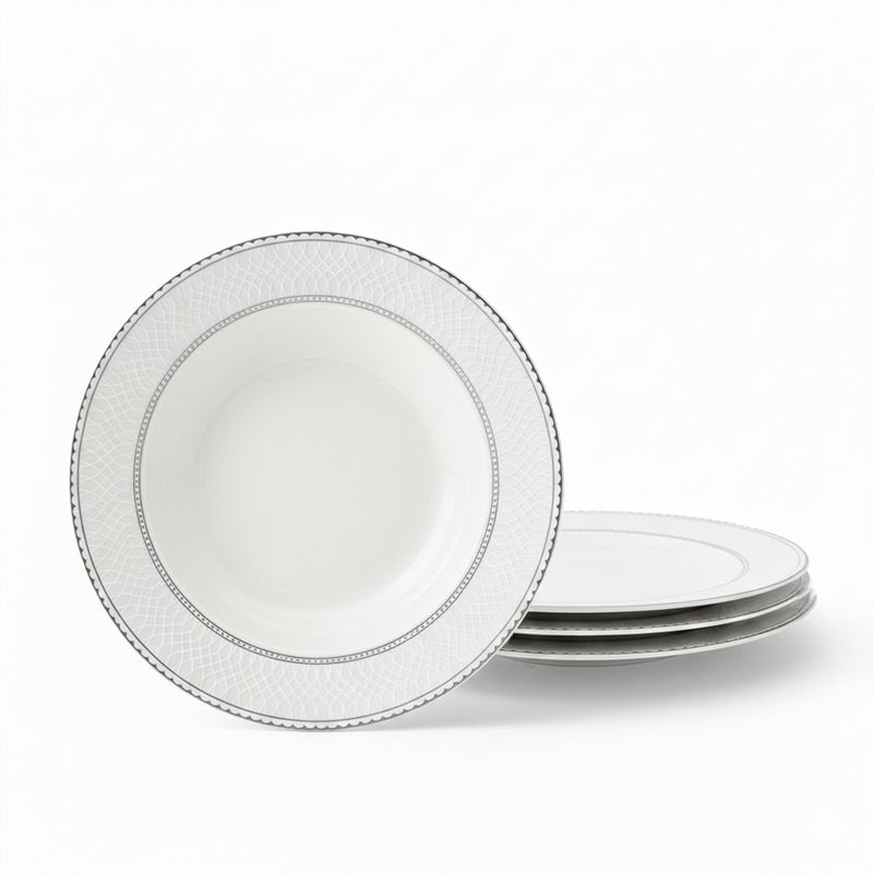 Shallow JUNA New Bone China Soup Plate 22 cm – Elegant White Deep Plate with Subtle Texture for Soups & Pasta, Premium Tableware for Daily Use, Brunch, Ramadan, Eid, Diwali & Gifting (Set of 4) - Image 1