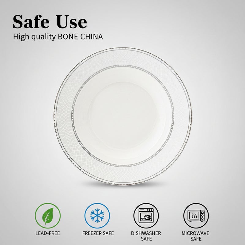 Shallow JUNA New Bone China Soup Plate 22 cm – Elegant White Deep Plate with Subtle Texture for Soups & Pasta, Premium Tableware for Daily Use, Brunch, Ramadan, Eid, Diwali & Gifting (Set of 4) - Image 5