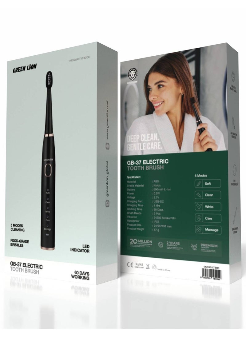 GREEN LION - Green Lion Electric Toothbrush with 5 Cleaning Modes, 2 Brush Heads, Waterproof, Ergonomic Design, 500mAh Battery Capacity, LED Indicator - Black - Image 1