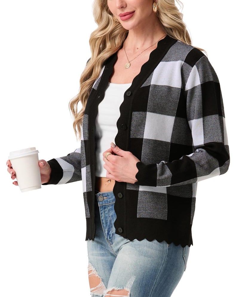 GRECERELLE Womens Cardigan Sweater Lightweight Long Sleeve Shrug Sweaters for Women Dressy, Black Plaid, M - Image 4