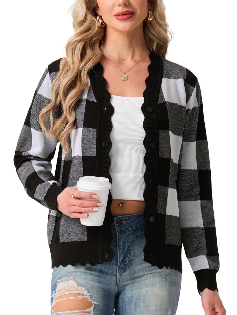 GRECERELLE Womens Cardigan Sweater Lightweight Long Sleeve Shrug Sweaters for Women Dressy, Black Plaid, M - Image 1