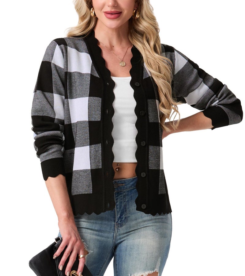 GRECERELLE Womens Cardigan Sweater Lightweight Long Sleeve Shrug Sweaters for Women Dressy, Black Plaid, M - Image 5