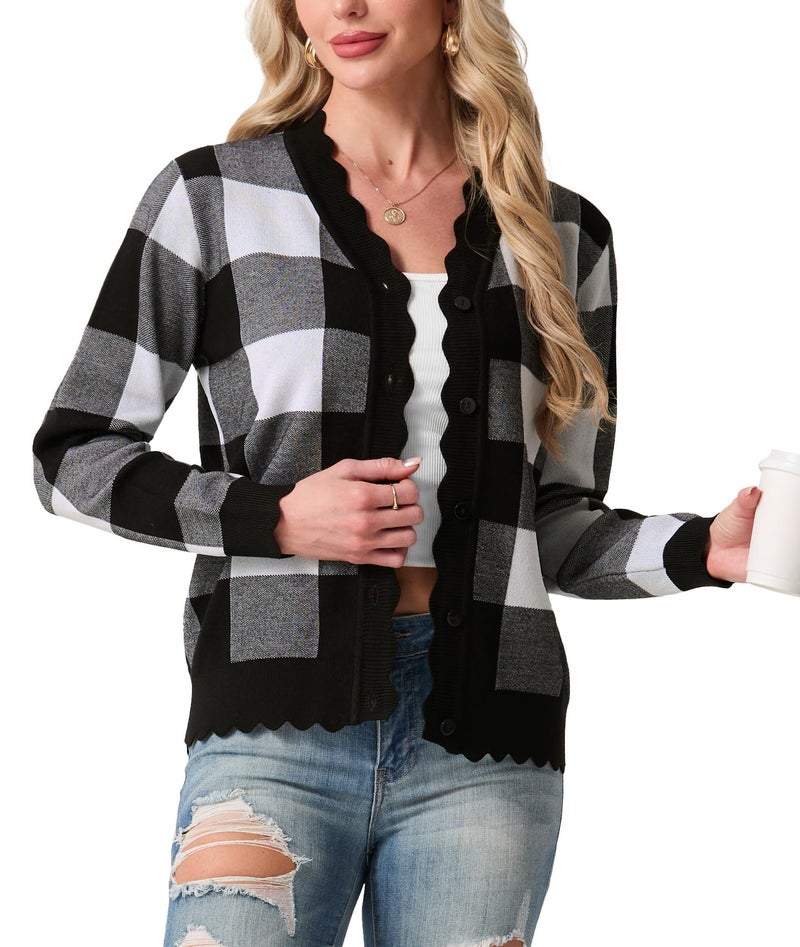 GRECERELLE Womens Cardigan Sweater Lightweight Long Sleeve Shrug Sweaters for Women Dressy, Black Plaid, M - Image 3