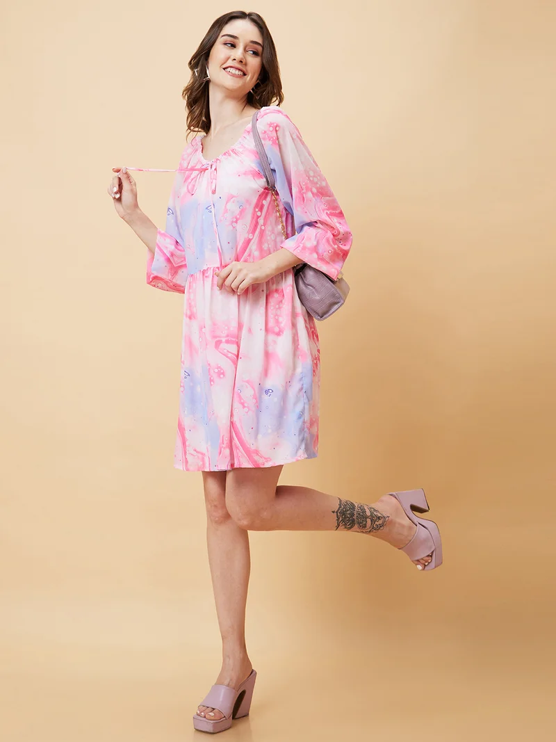 globus Women Pink & Blue Printed Puff Sleeve A-Line Dress