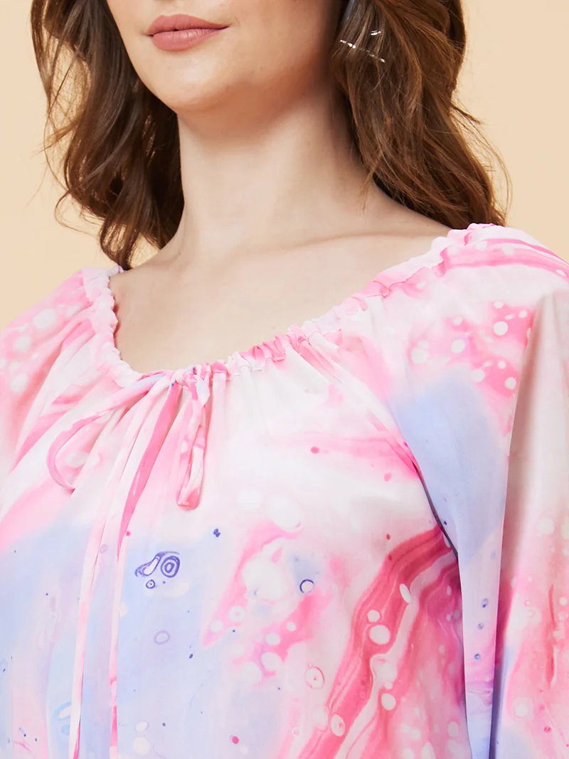 globus Women Pink & Blue Printed Puff Sleeve A-Line Dress