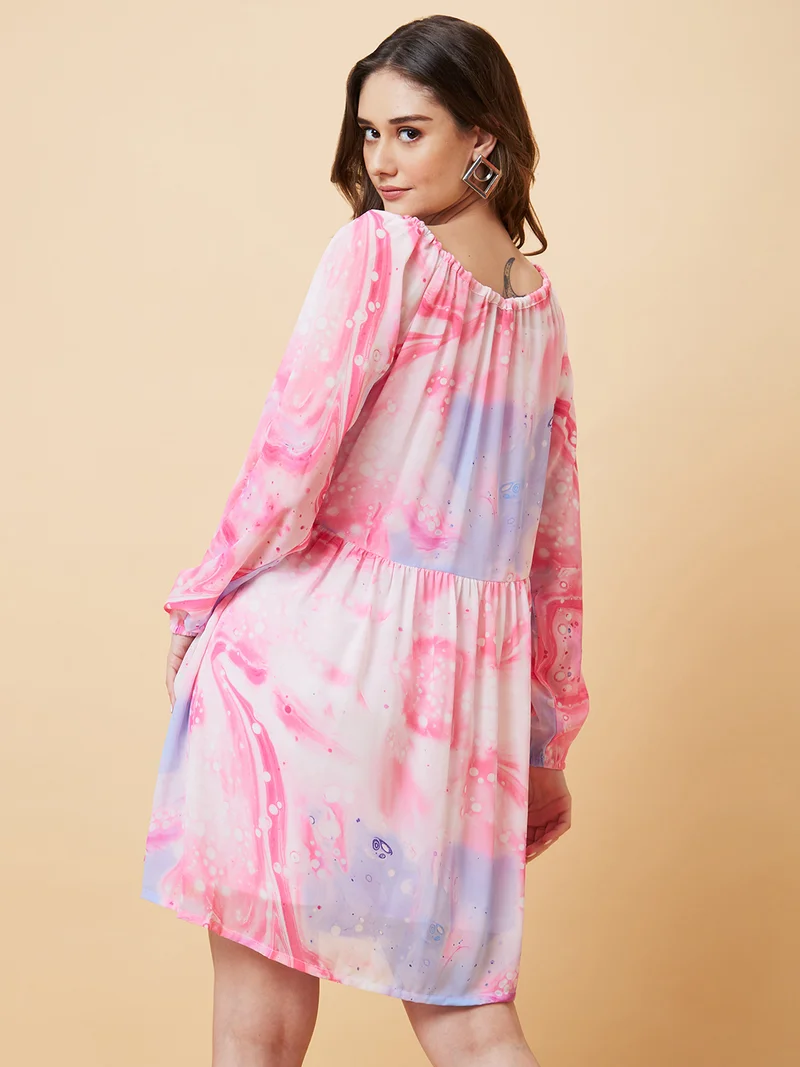 globus Women Pink & Blue Printed Puff Sleeve A-Line Dress
