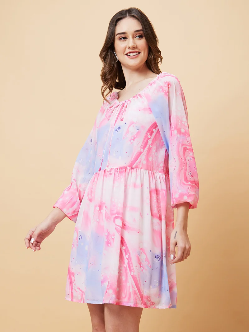 globus Women Pink & Blue Printed Puff Sleeve A-Line Dress