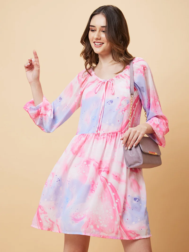 globus Women Pink & Blue Printed Puff Sleeve A-Line Dress