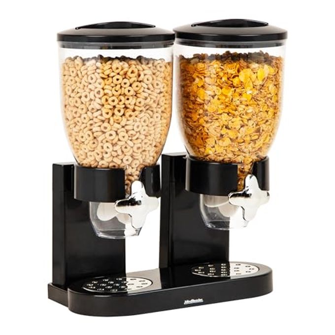 Mind Reader Double Cereal Dispenser for Countertop, 2 x 2L Airtight Containers, Rotating Dry Food Dispenser for Cereal, Rice, Candy, Coffee Beans, Black